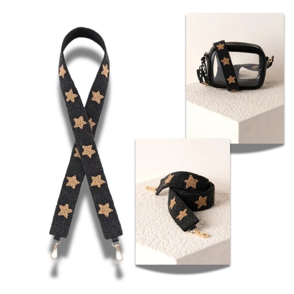 NEW Black & Gold Star Beaded Strap Crossbody Bag Purse Strap - Picture 1 of 3